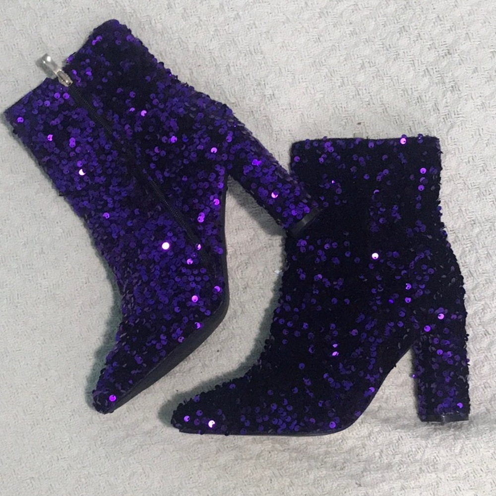 NWT Purple Sequin Pointed Toe Chunky Heel Ankle Boots